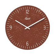 Reddish brown wall clock with white hands and Arabic numerals on white background.