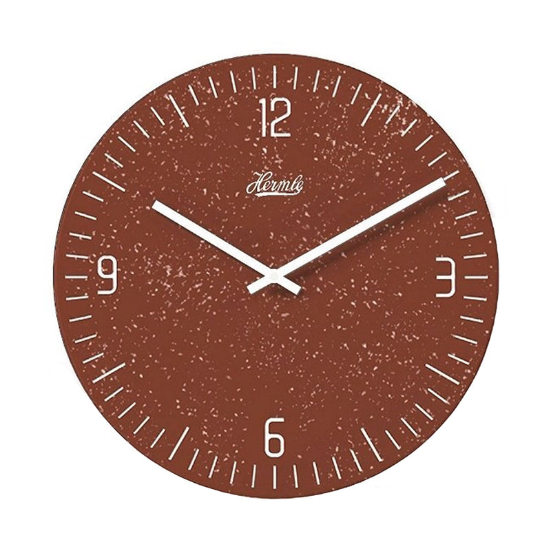 Reddish brown wall clock with white hands and Arabic numerals on white background.