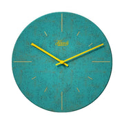 Teal wall clock with yellow hands and Hermle logo on what background.