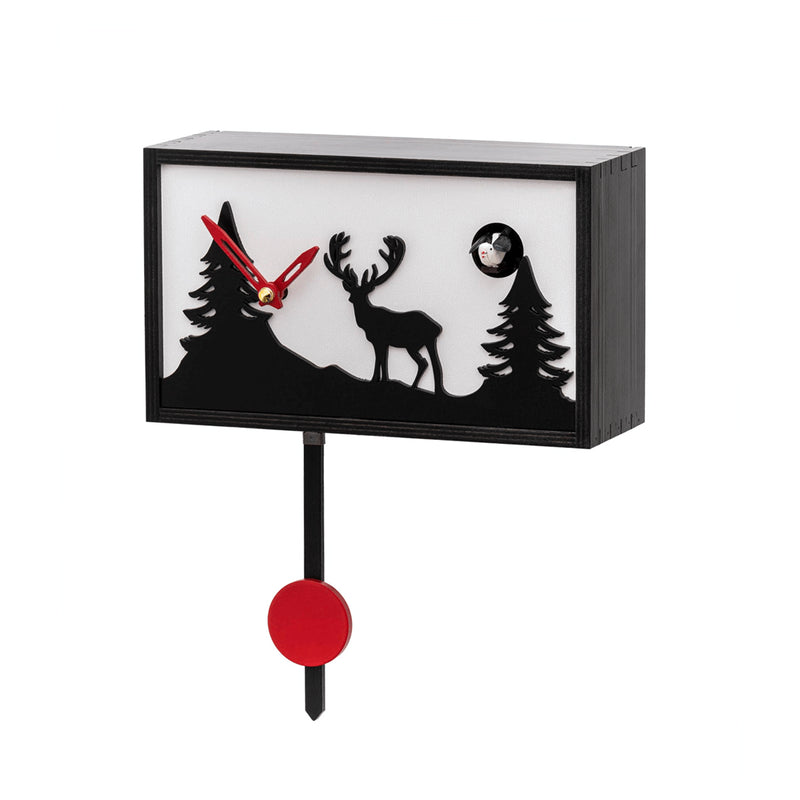 Black and white cuckoo clock with silhouette of a deer and red pendulum on white background. 