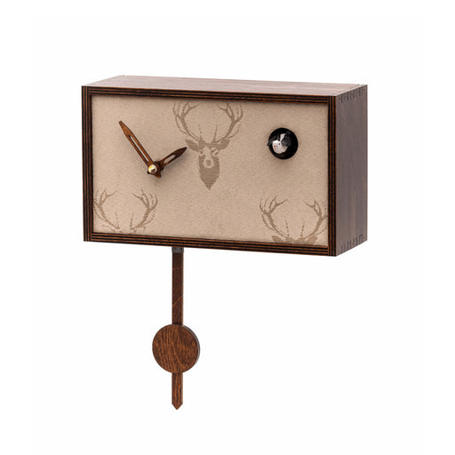 Brown cuckoo clock with Deer pattern tan face and brown pendulum on white background.
