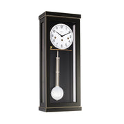 Black wall clock with white face and brass hammers