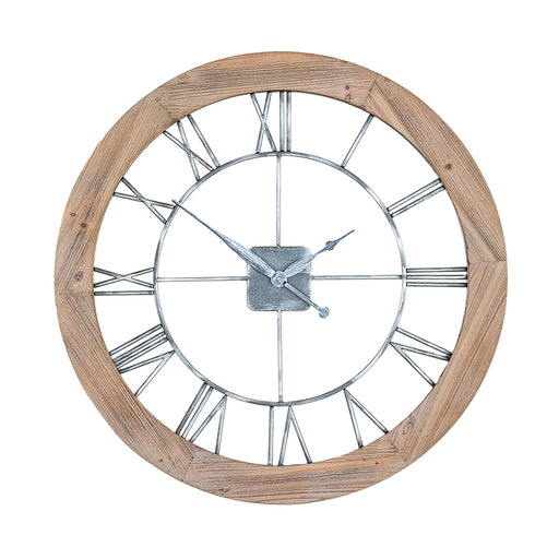Wooden wall clock with metal framework roman numeral face on white background.