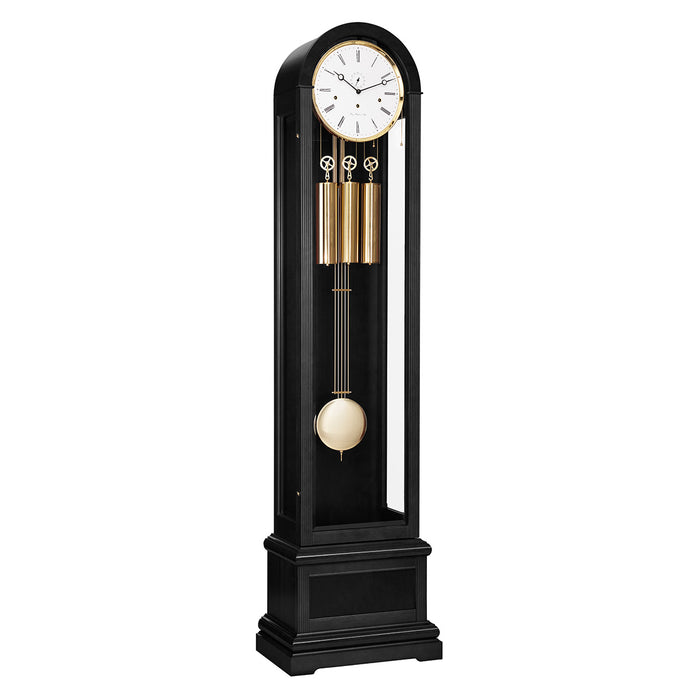 Black Grandfather clock with brass weights and pendulum on white background