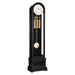 Black Grandfather clock with brass weights and pendulum on white background