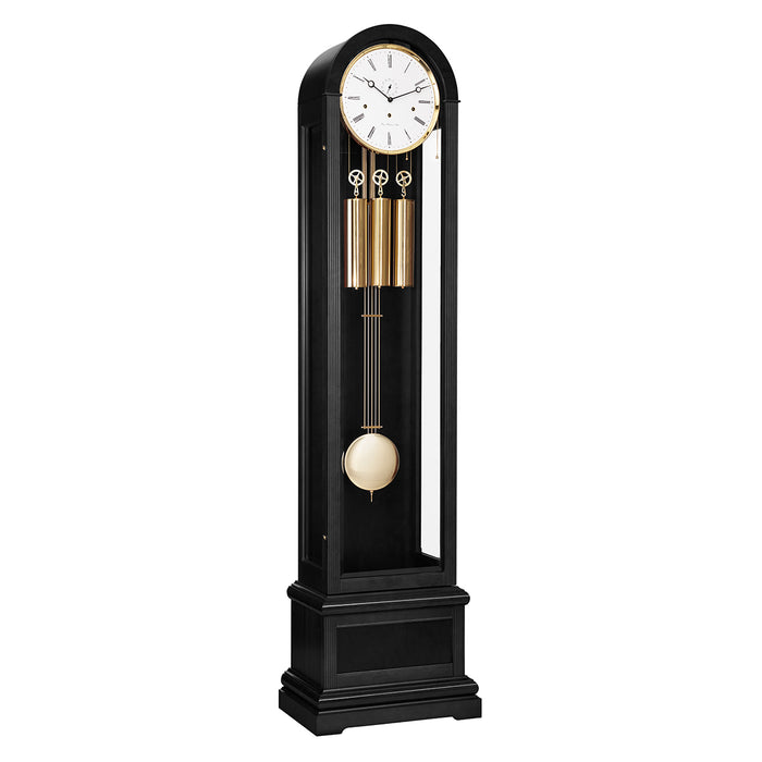 Black Grandfather clock with brass weights and pendulum on white background