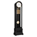 Black Grandfather clock with brass weights and pendulum on white background