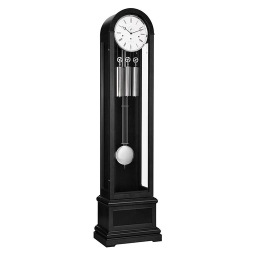 Black Grandfather clock with nickel weights and pendulum on white background