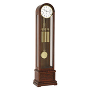 Walnut Grandfather clock with brass weights and pendulum on white background