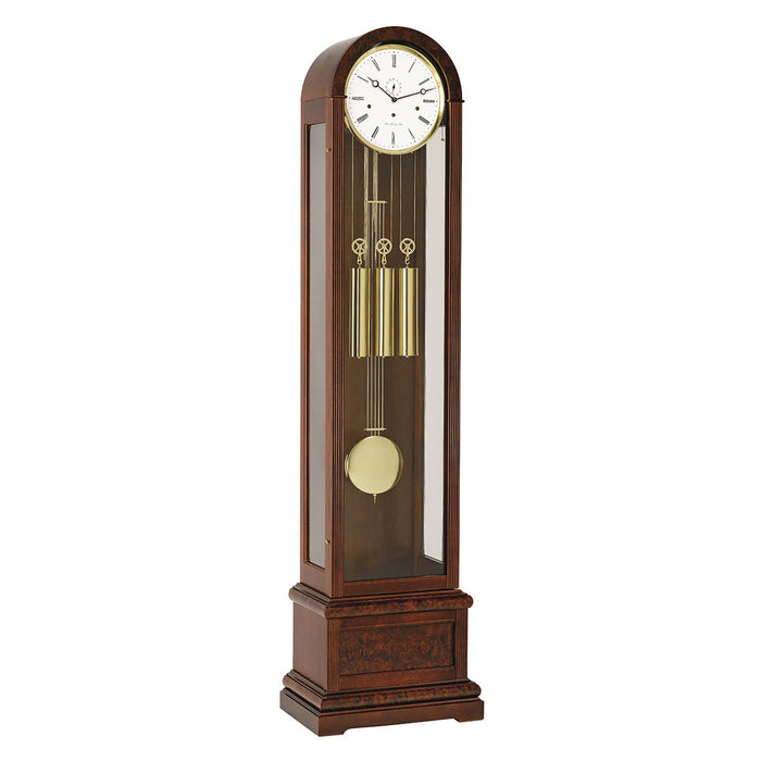 Walnut Grandfather clock with brass weights and pendulum on white background