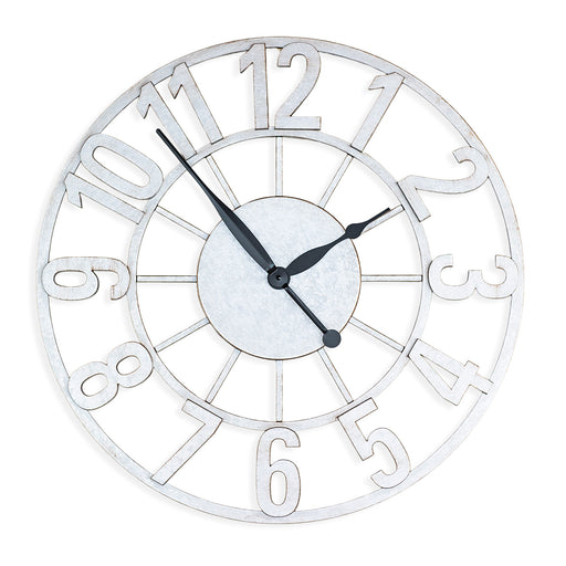 Silver wall clock with rustic design, large numbers and black hands on white background.
