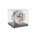 Mechanical desk clock with glass case, black base  and intricate gears