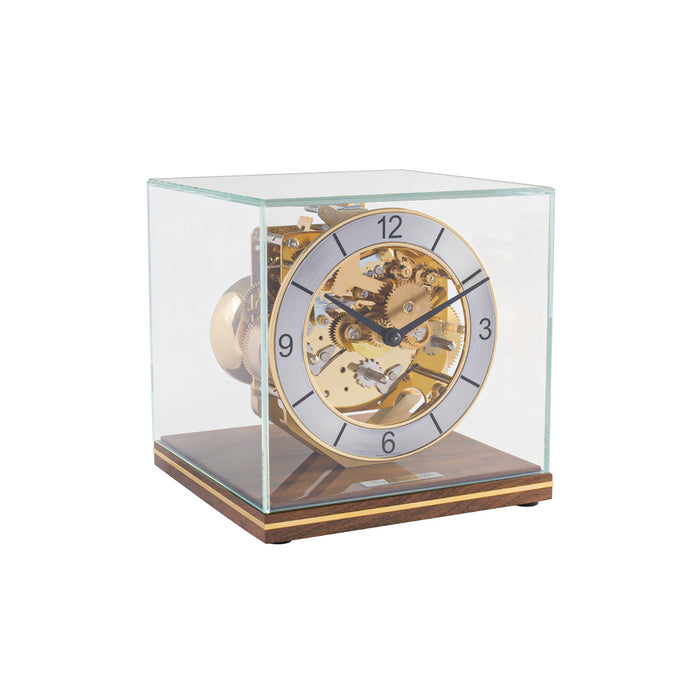 Mechanical desk clock with glass case, walnut base and intricate gears