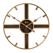 Rustic wood and metal clock with open design and Hermle logo on white background.