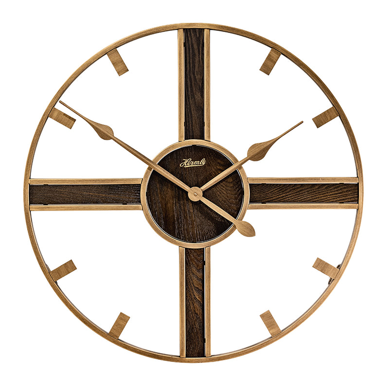 Rustic wood and metal clock with open design and Hermle logo on white background.