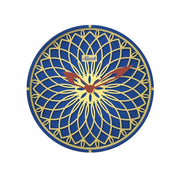 Blue and yellow wall clock with red hands and Hermle logo on white background.