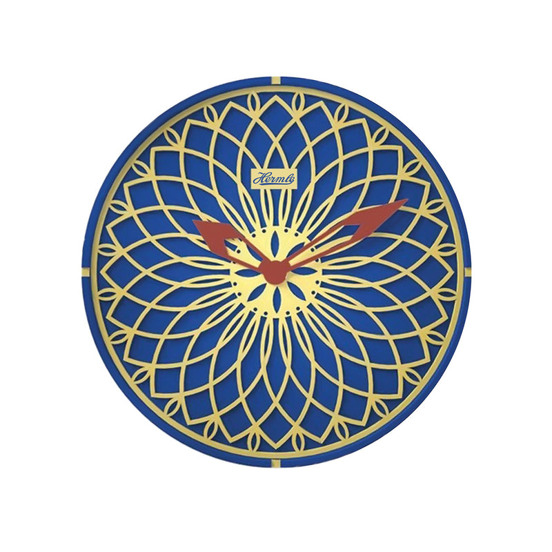 Blue and yellow wall clock with red hands and Hermle logo on white background.