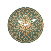 Green and wood toned wall clock with white hands and Hermle logo on white background.