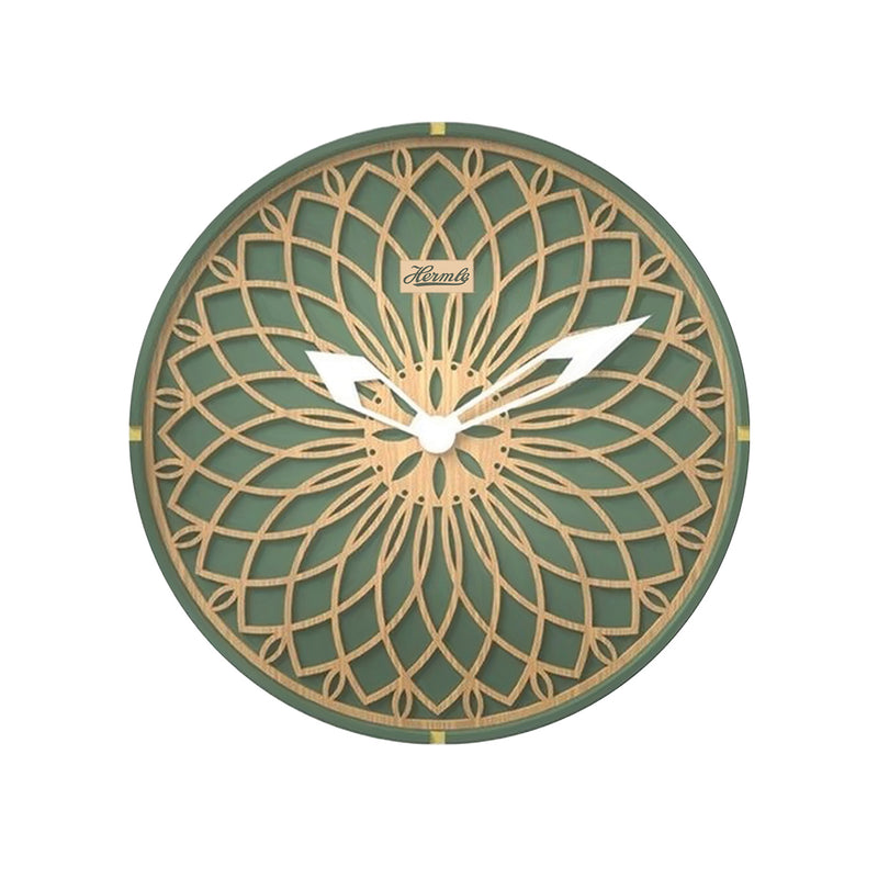 Green and wood toned wall clock with white hands and Hermle logo on white background.