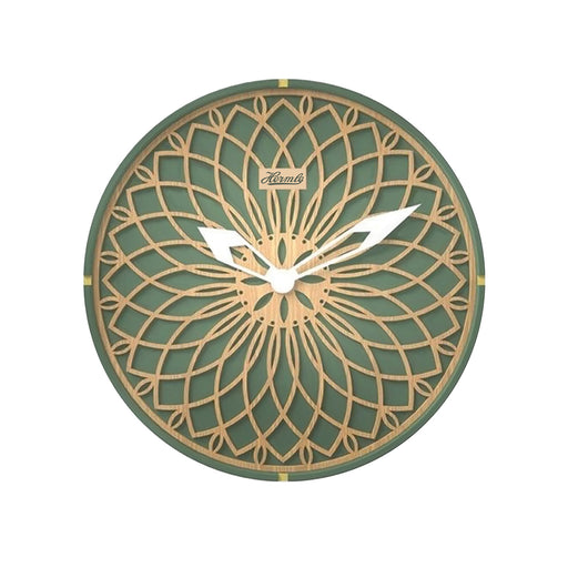 Green and wood toned wall clock with white hands and Hermle logo on white background.