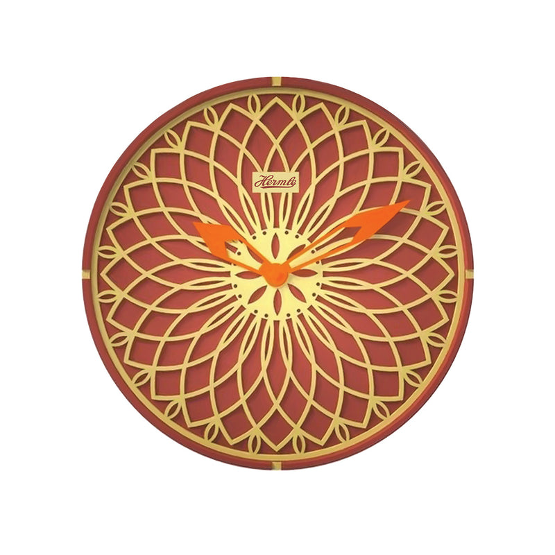 Red and yellow wall clock with orange hands and Hermle logo on white background.