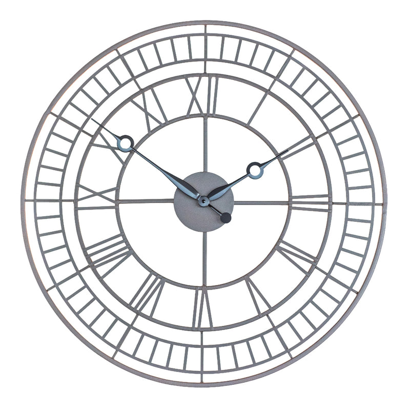 Round metal framework wall clock with roman numerals and black hands on white background.