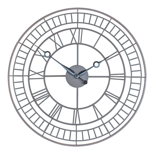 Round metal framework wall clock with roman numerals and black hands on white background.