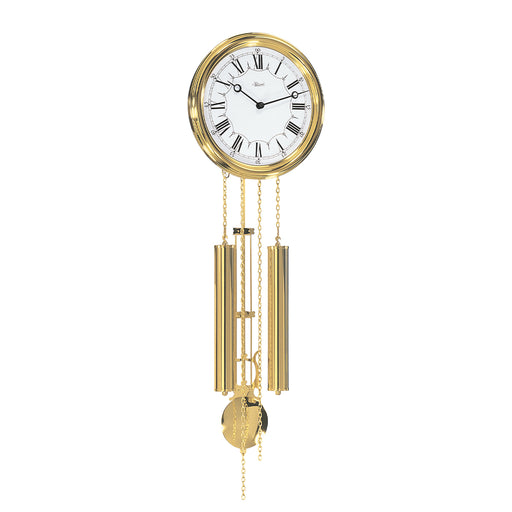 Ornate gold finish wall clock with roman numeral face and weights hanging below.
