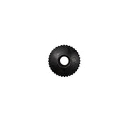 Small black hand nut used for holding clock hands onto dial on white background.