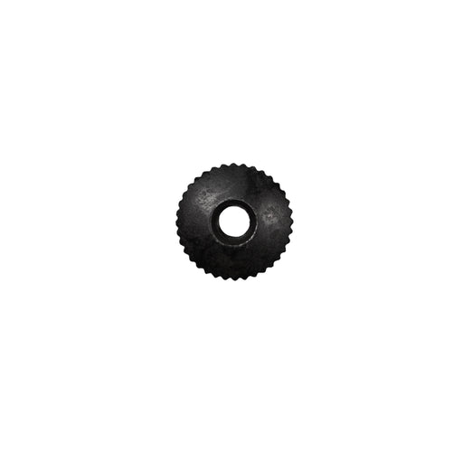 Small black hand nut used for holding clock hands onto dial on white background.