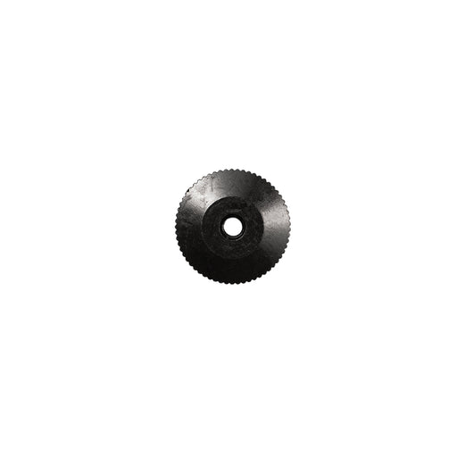 Black hand nut with ridged edges on white background.