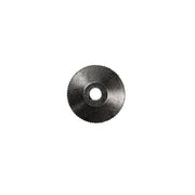 Black metal hand nut with ridged edges on white background.