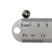 Black metal hand nut next to ruler showing 1 centimeter measurement.