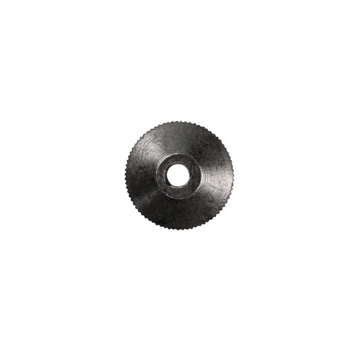 Black metal hand nut with ridged edges on white background.