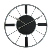 Black and metal minimalist clock with silver hands and framework design on white background.