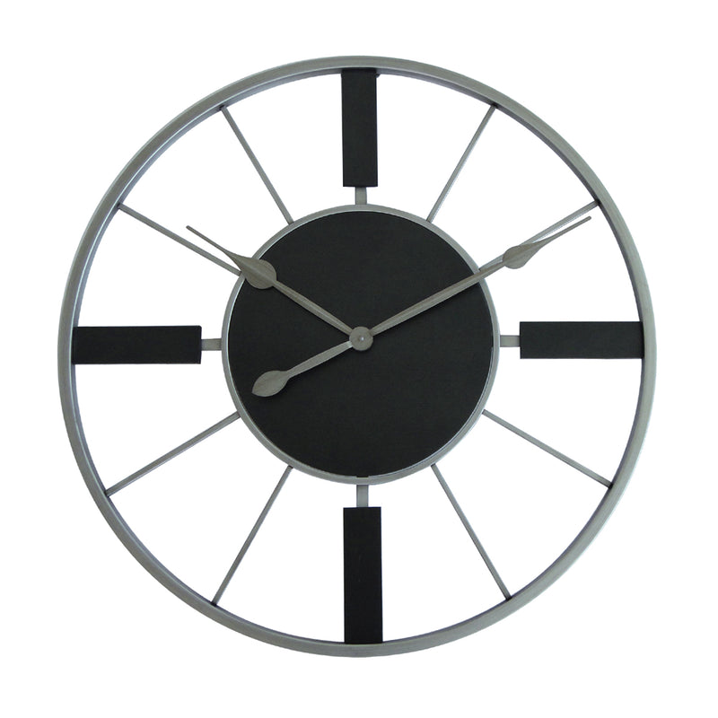 Black and metal minimalist clock with silver hands and framework design on white background.
