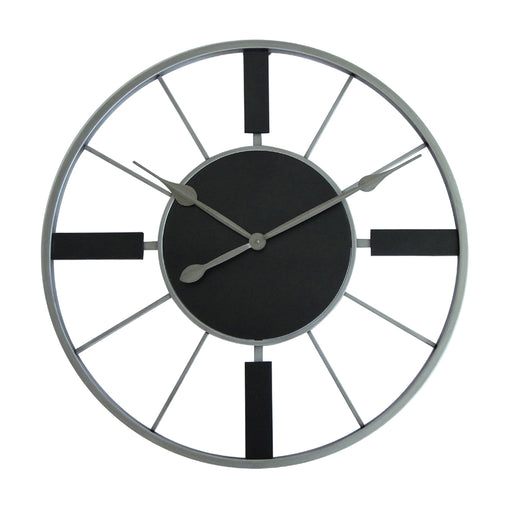 Black and metal minimalist clock with silver hands and framework design on white background.