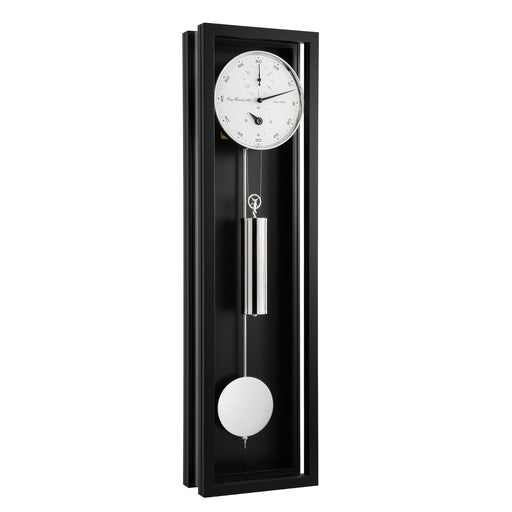 Black wall clock with silver pendulum and weights and white face