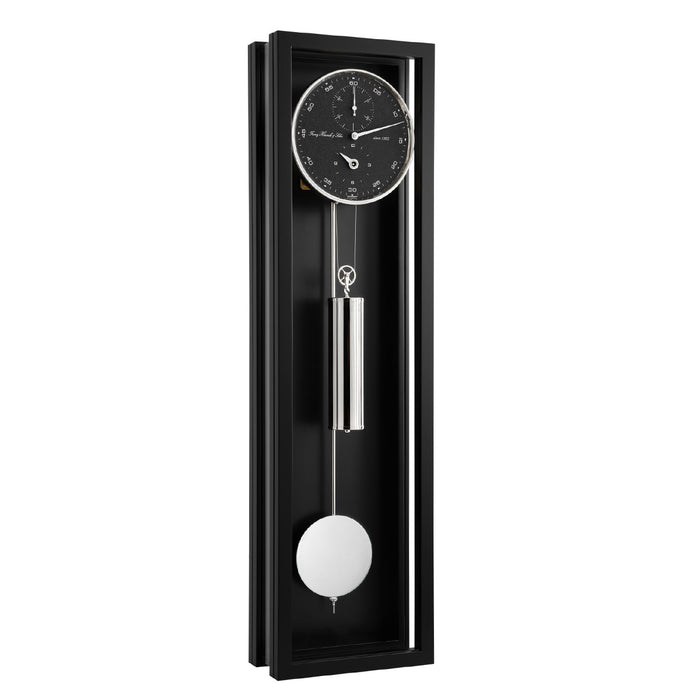 Black wall clock with silver pendulum and weights and black face