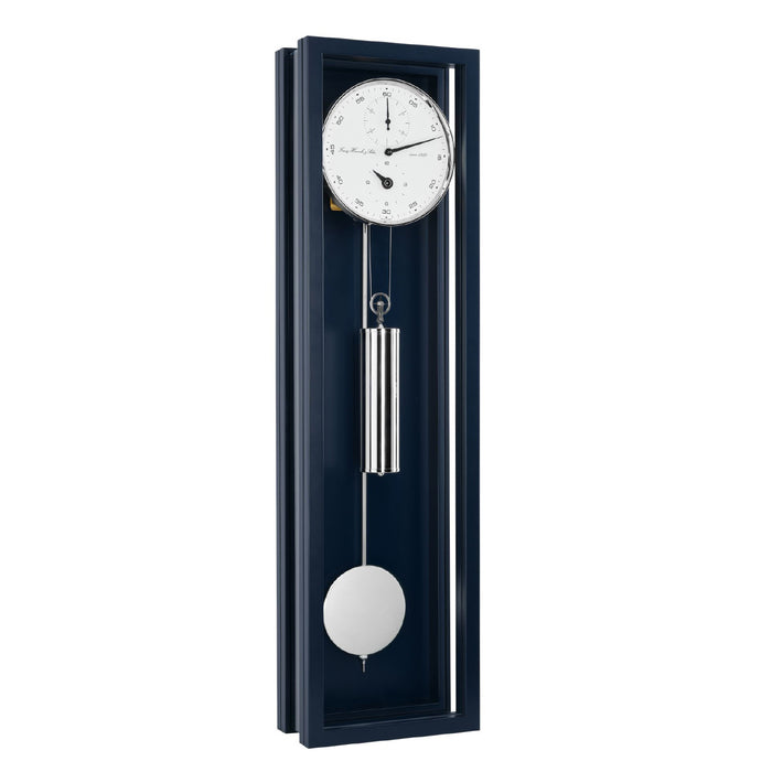 Blue wall clock with silver pendulum and weights and white face