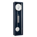 Blue wall clock with silver pendulum and weights and white face