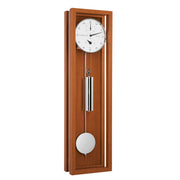Cherry wood wall clock with silver pendulum and weights and white face