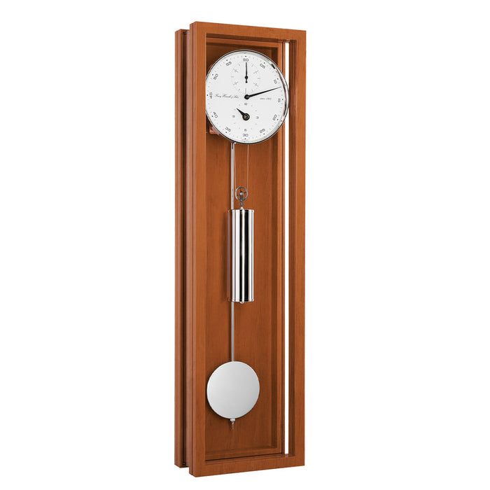 Cherry wood wall clock with silver pendulum and weights and white face