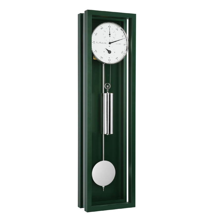 Green wall clock with silver pendulum and weights and white face