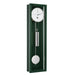 Green wall clock with silver pendulum and weights and white face