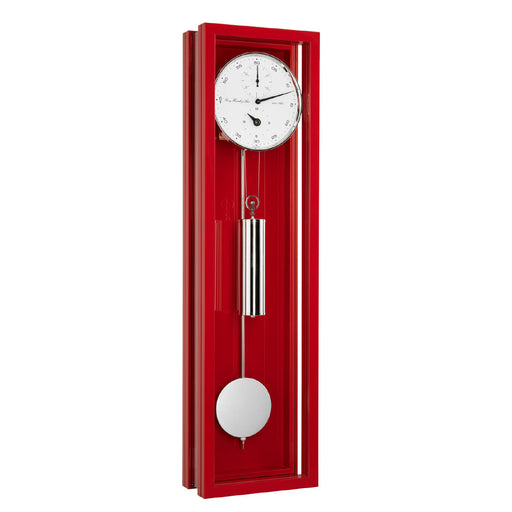 Red wall clock with silver pendulum and weights and white face