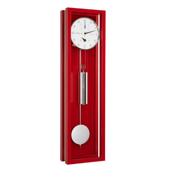 Red wall clock with silver pendulum and weights and white face