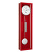 Red wall clock with silver pendulum and weights and white face