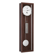 Walnut wood wall clock with silver pendulum and weights and white face