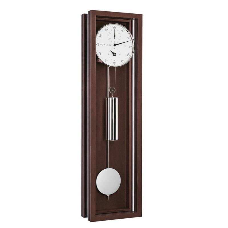 Walnut wood wall clock with silver pendulum and weights and white face
